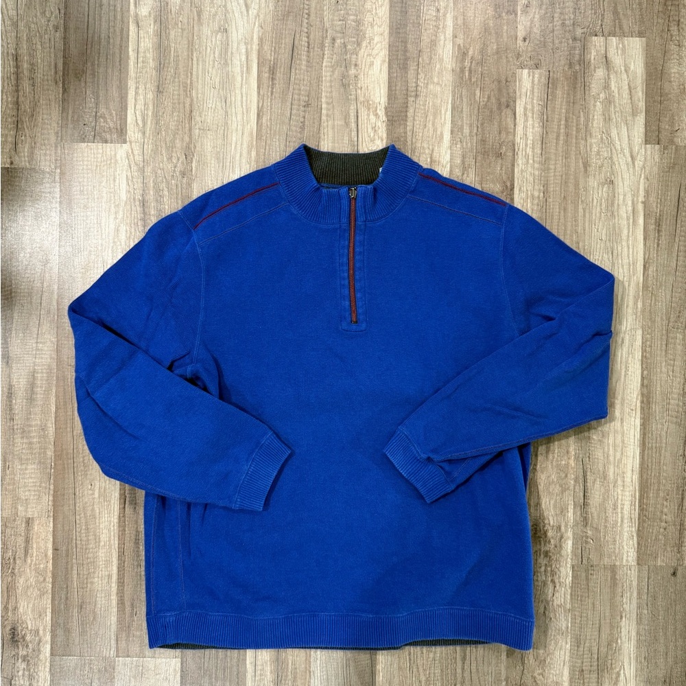 Tommy Bahama Royal Blue Half-Zip Sweater with Brown Trim